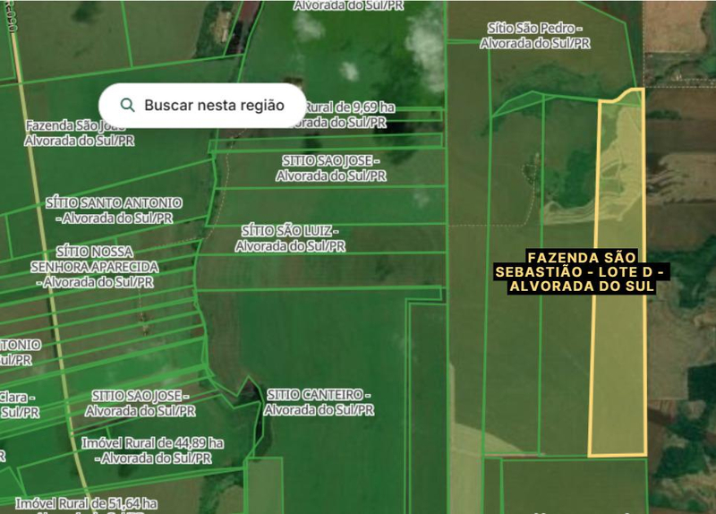 Área de 63,525 hectares, equivalente a 635.250,00 m² ou 26,25 alqueires paulistas, Lote D, denominada Fazenda São Sebastião, situada no lugar denominado Água de Manoel Jardim, Município de Alvorada do Sul/PR. Matrícula 12.401 — foto 2